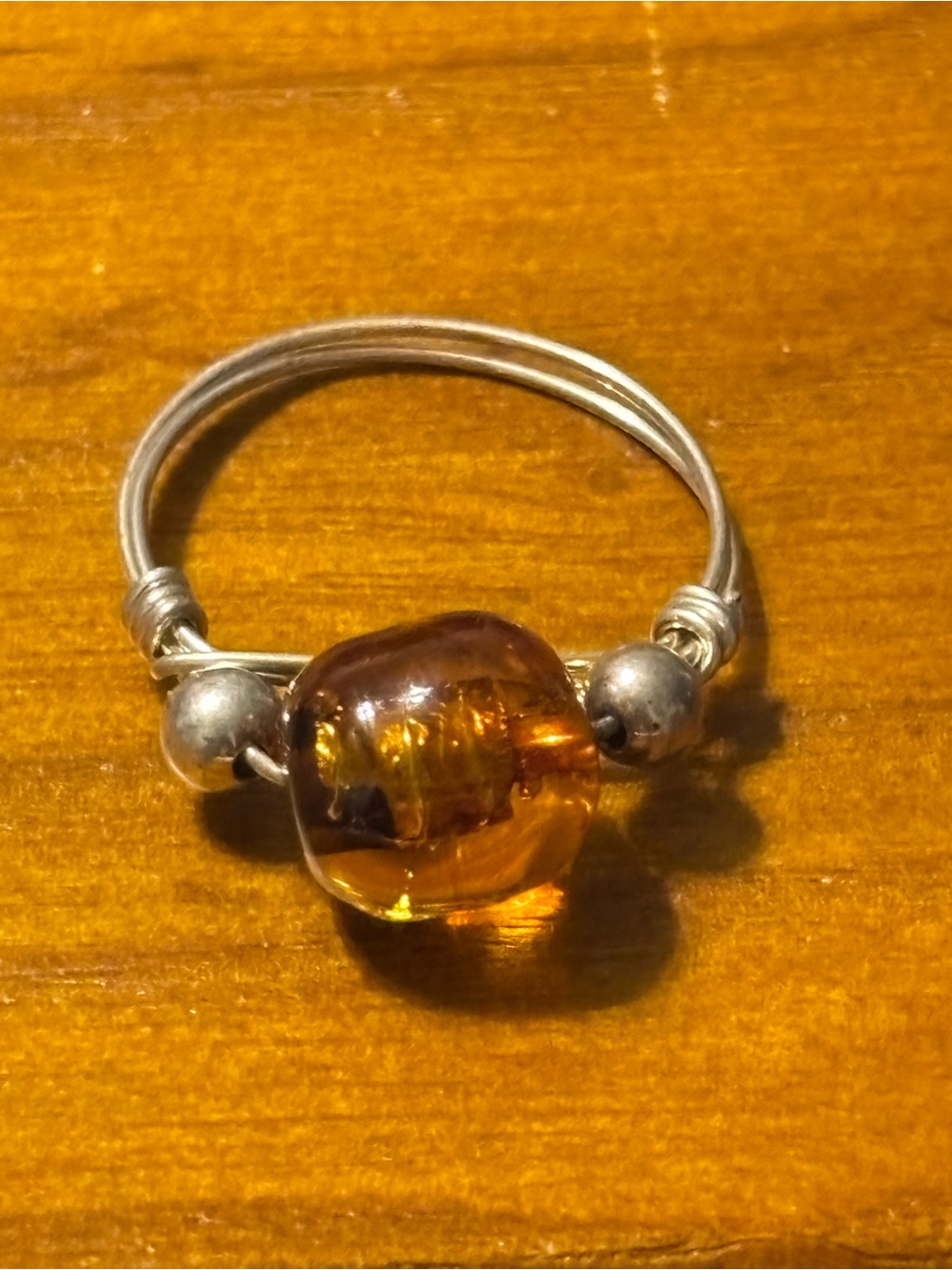 Artisan Sterling Silver Wire Wrapped Ring With Golden Brown Glass Bead